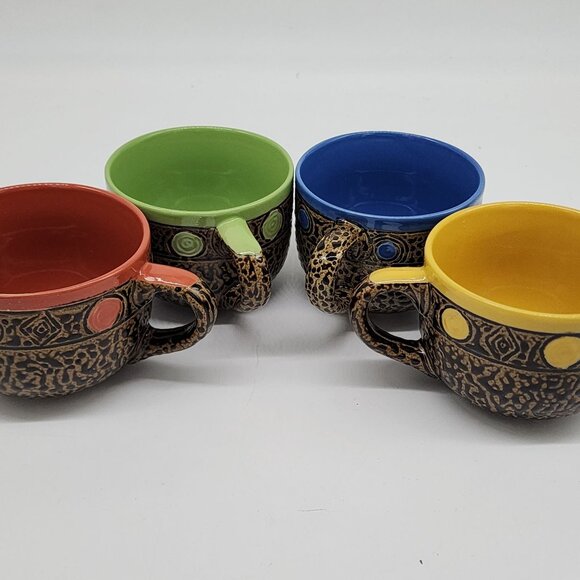 Set Of 4 Always Azul Pottery Mugs With Colorful Interiors Dots - Picture 5 of 7